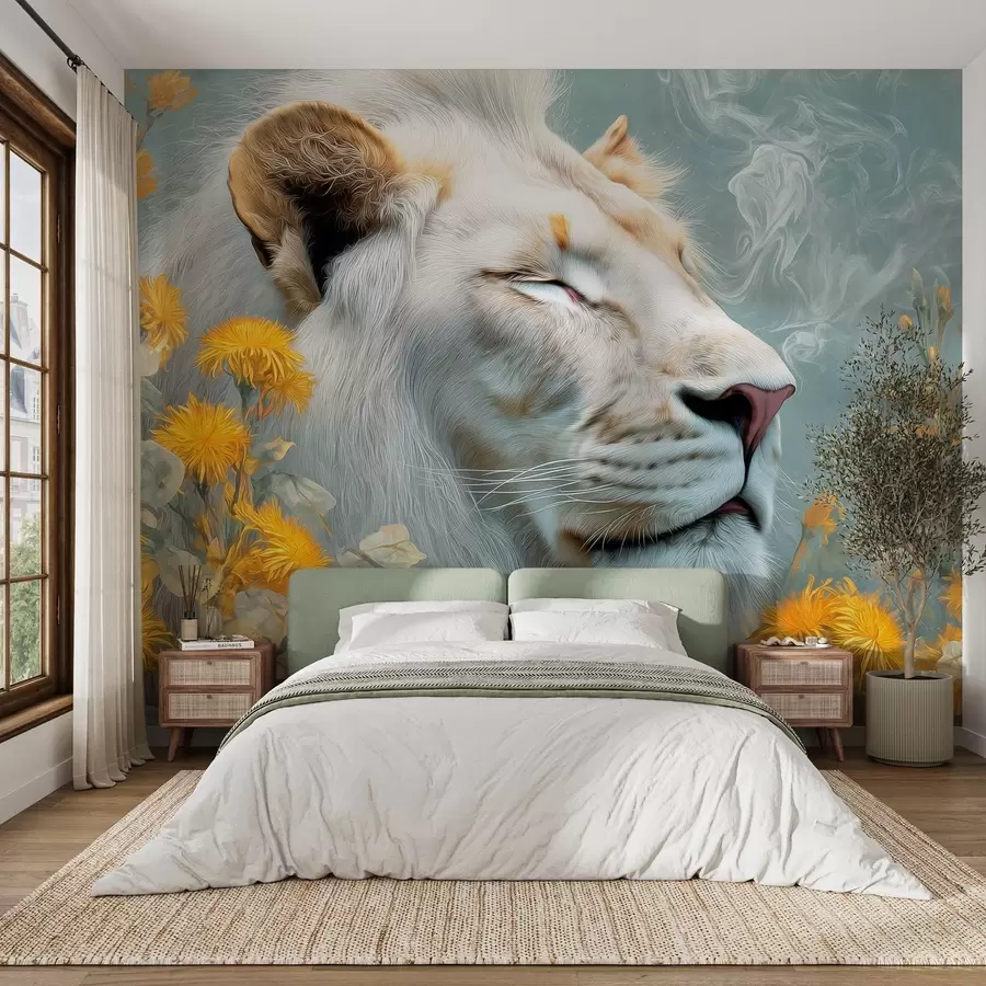 wall murals A white lion surrounded by yellow flowers and smoke w09080