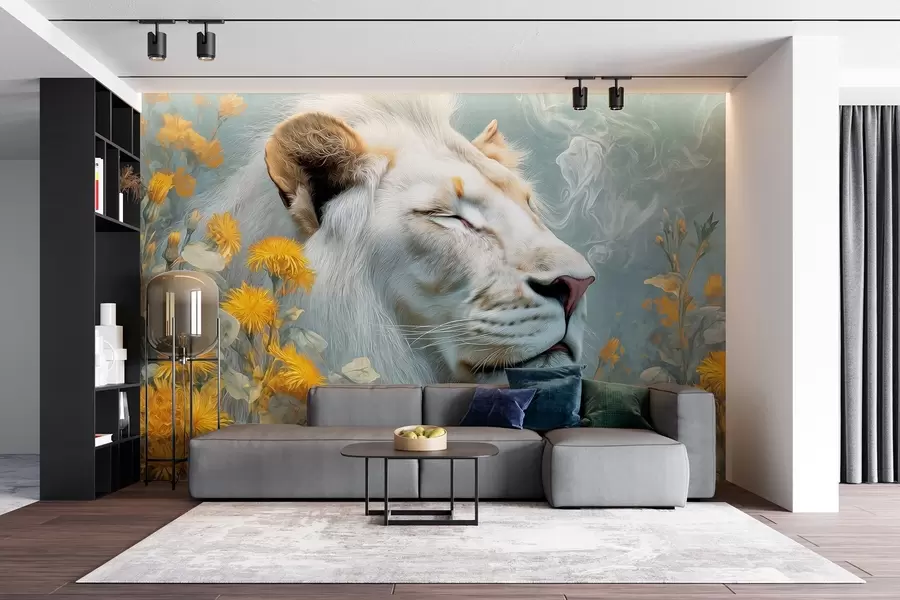 wall murals A white lion surrounded by yellow flowers and smoke w09080