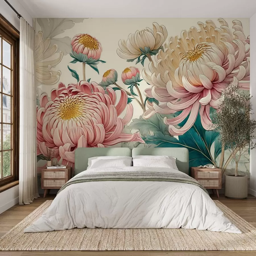 wall murals Intricate painting of white and pink chrysanthemums w09081