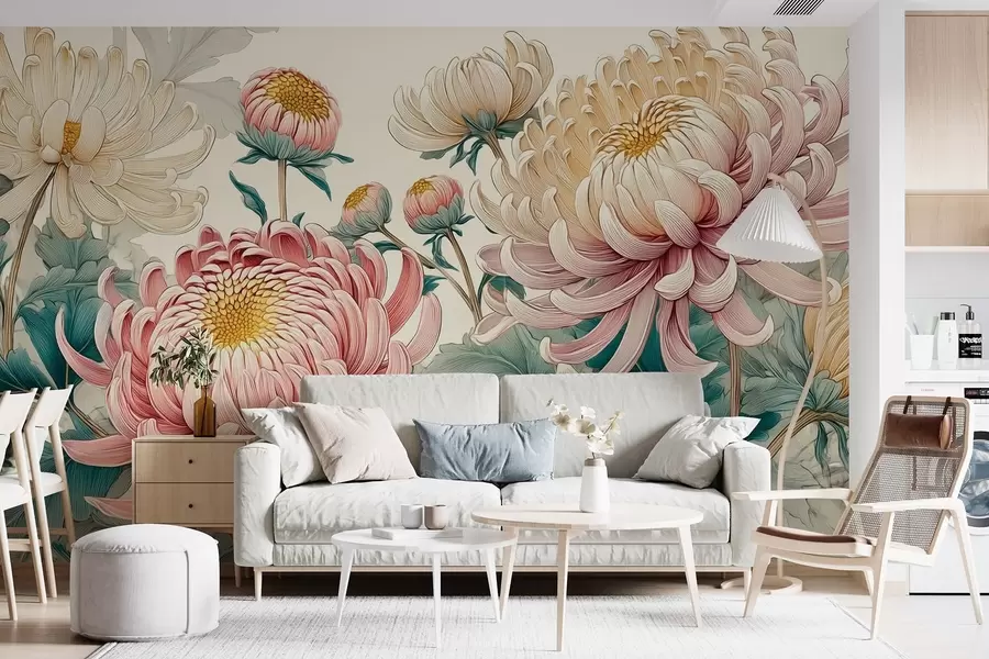 wall murals Intricate painting of white and pink chrysanthemums w09081