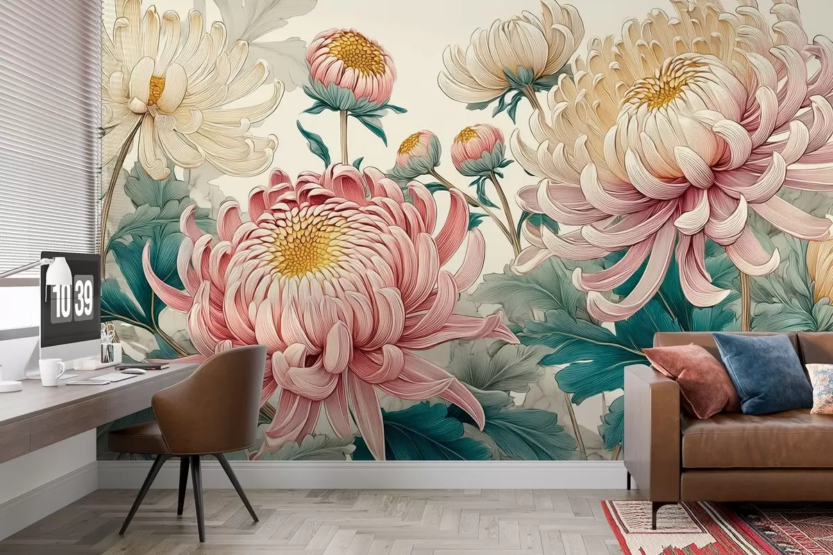 wall murals Intricate painting of white and pink chrysanthemums w09081