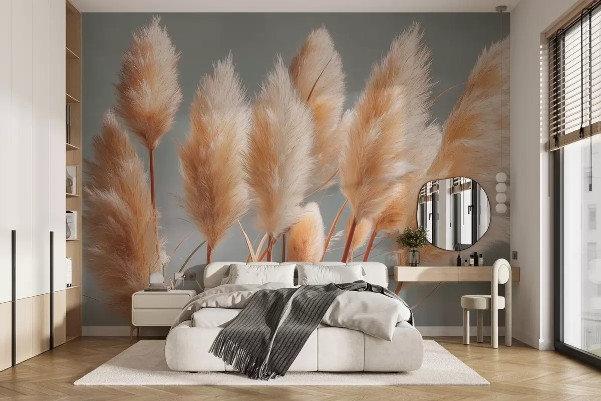 wall murals Beige pampas grass on a blue-gray background w09083