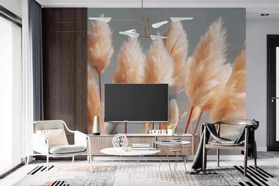 wall murals Beige pampas grass on a blue-gray background w09083