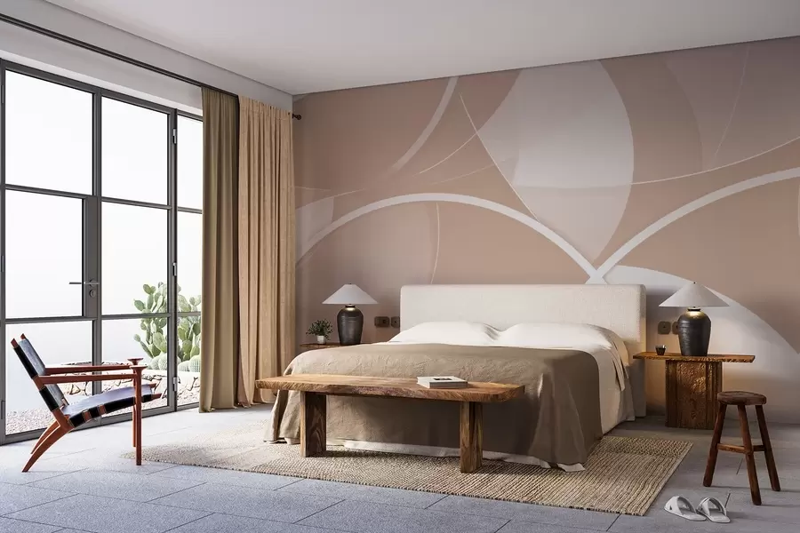 wall murals Geometric abstraction in beige and pink tones with circles and semicircles w09085