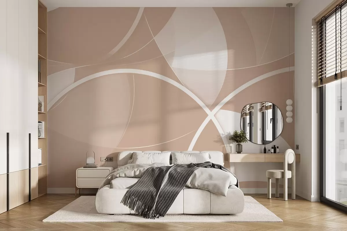 wall murals Geometric abstraction in beige and pink tones with circles and semicircles w09085