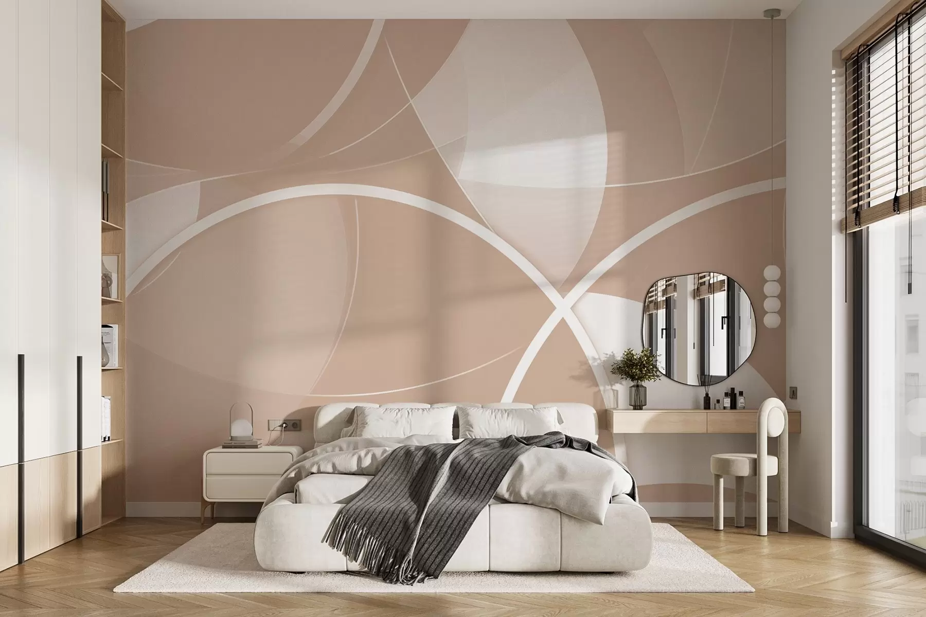 wall murals Geometric abstraction in beige and pink tones with circles and semicircles w09085