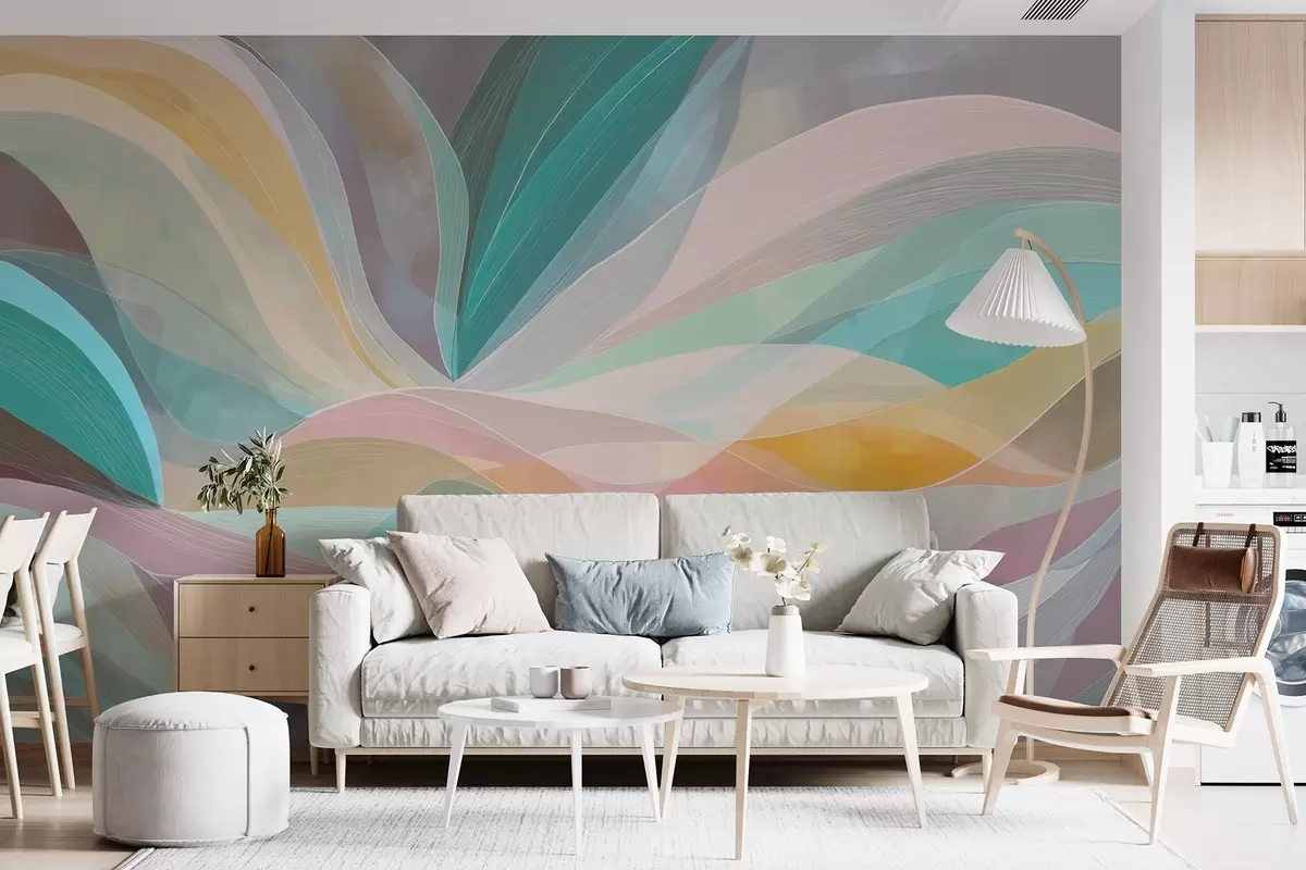 wall murals Abstraction, waves in the form of hills and mountains in light tones w09086v1