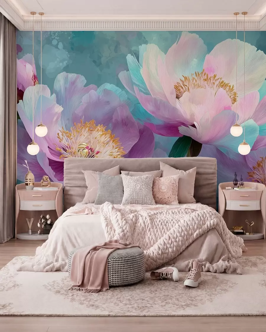 wall murals Colorful peonies in blue and purple shades w09087