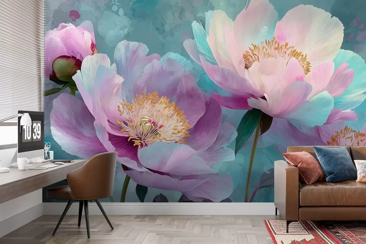 wall murals Colorful peonies in blue and purple shades w09087