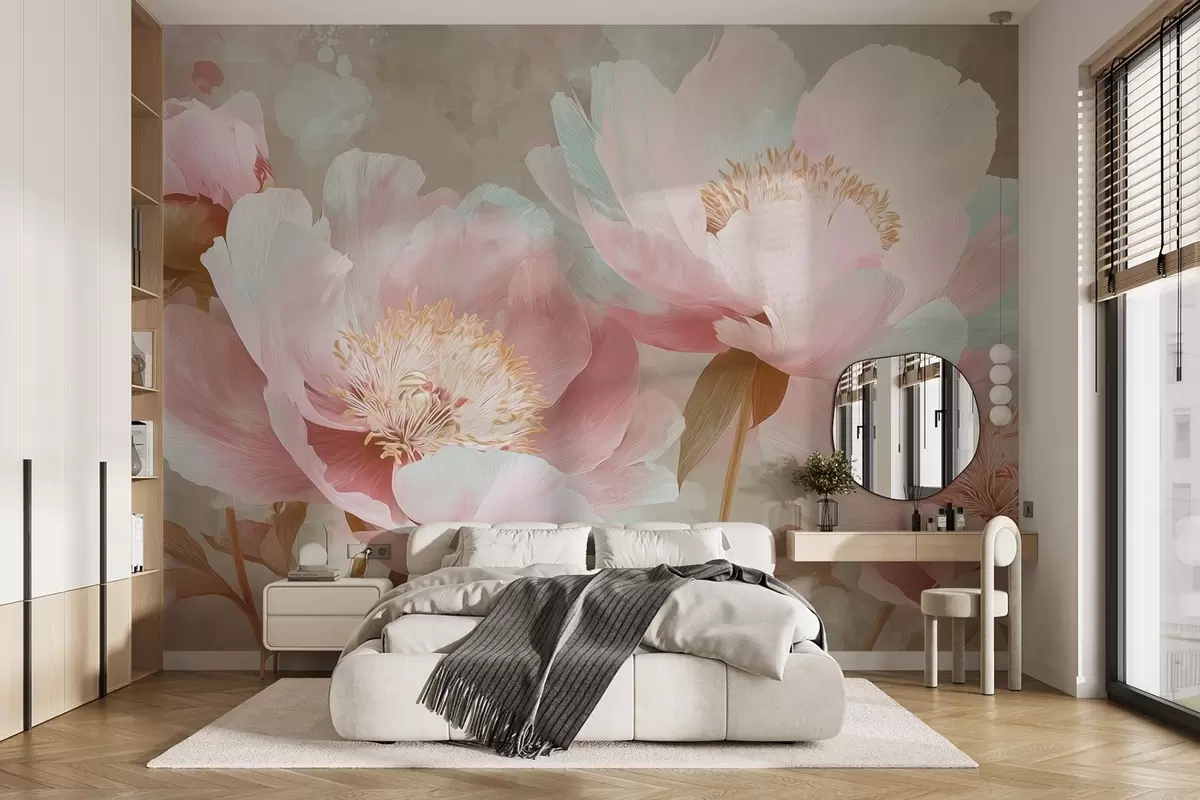 wall murals Delicate peonies in pink and beige tones w09087v1