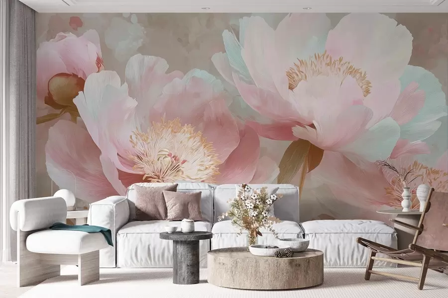wall murals Delicate peonies in pink and beige tones w09087v1