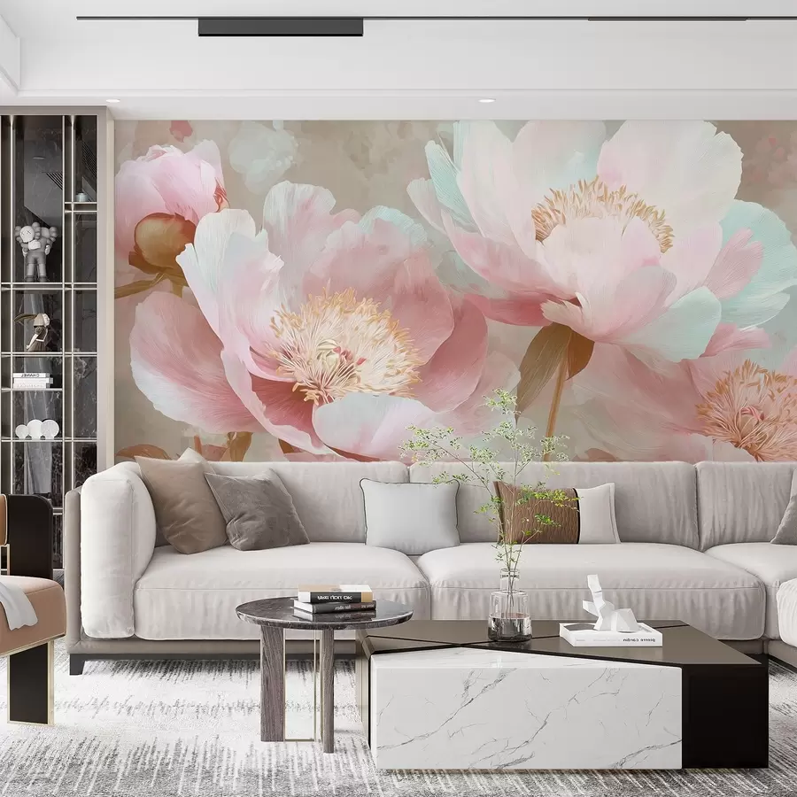 wall murals Delicate peonies in pink and beige tones w09087v1