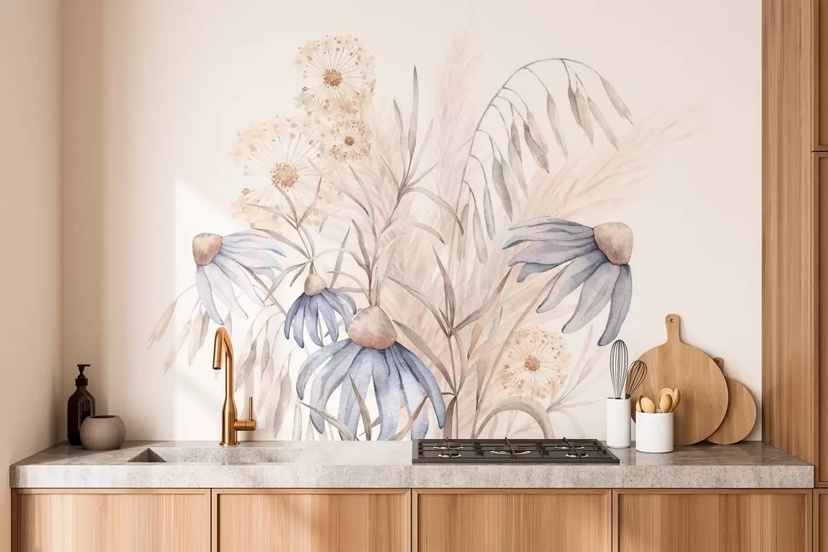 wall murals Dandelions and flowers among dry herbs w03908