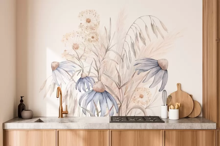 wall murals Dandelions and flowers among dry herbs w03908