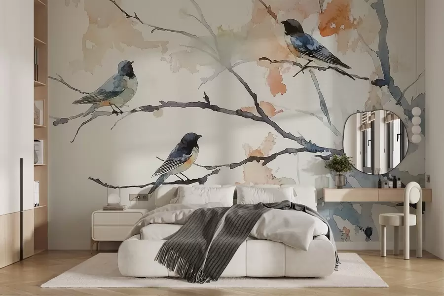 wall murals Birds on tree branches in watercolor style w09064