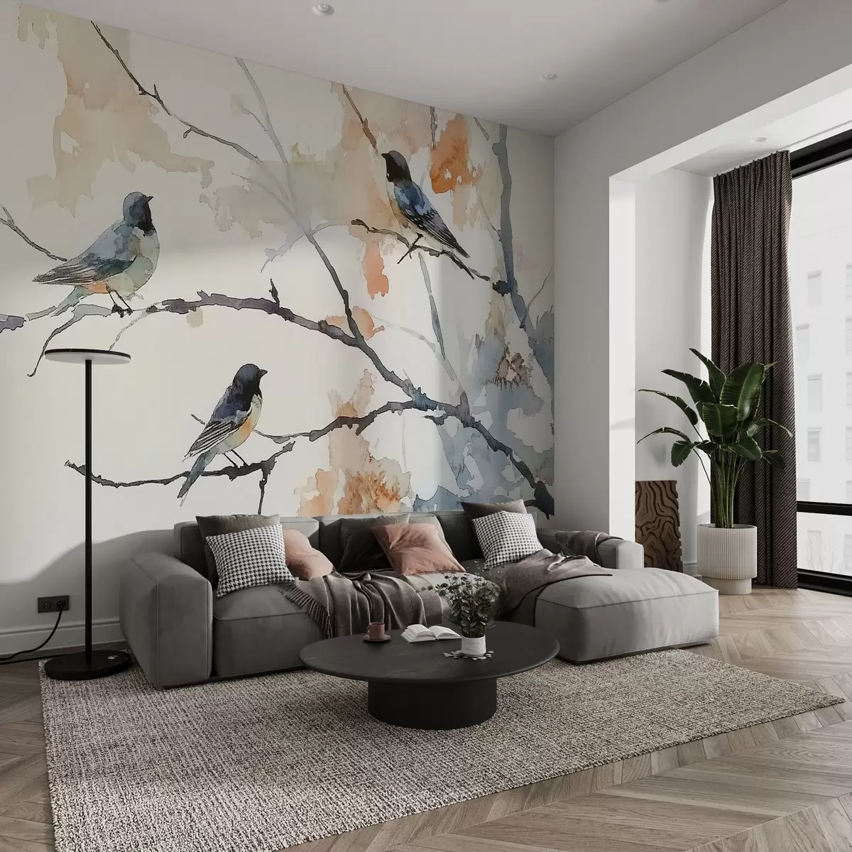 wall murals Birds on tree branches in watercolor style w09064
