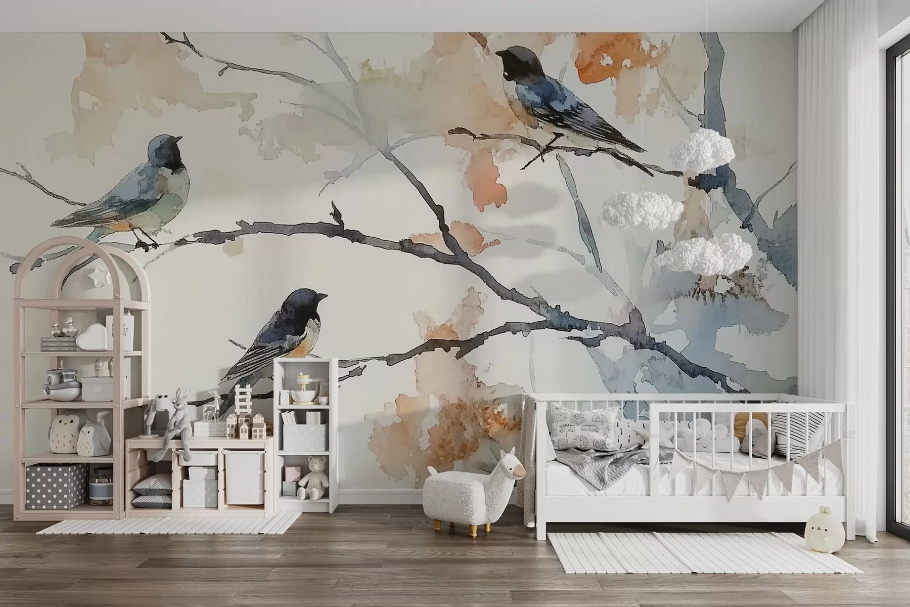 wall murals Birds on tree branches in watercolor style w09064