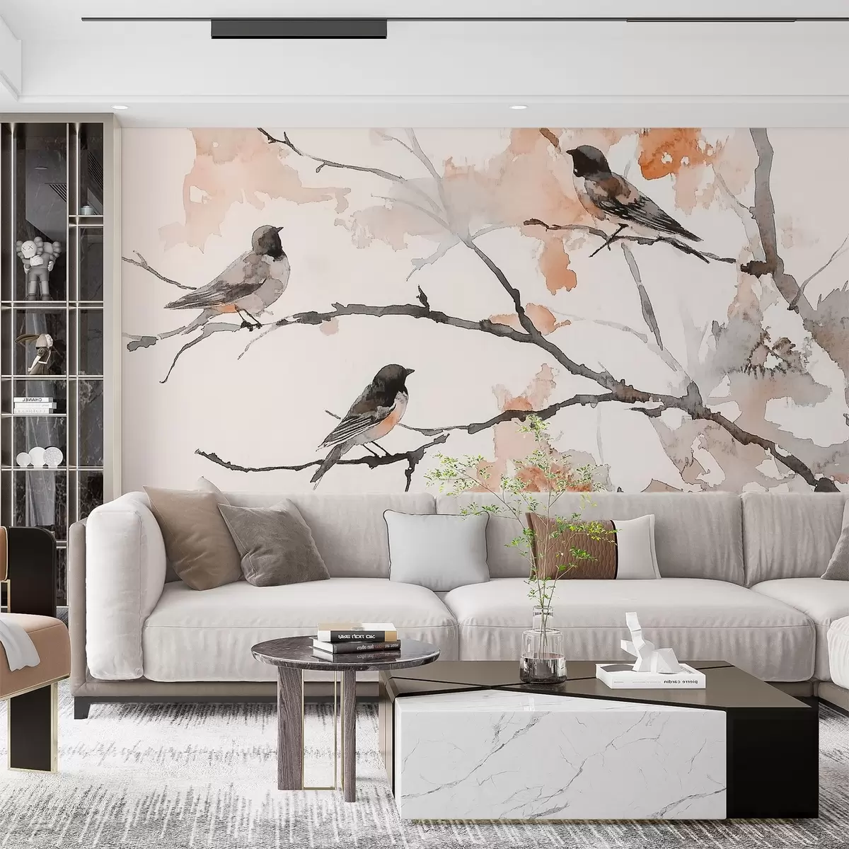 wall murals Birds on tree branches in watercolor style w09064v2