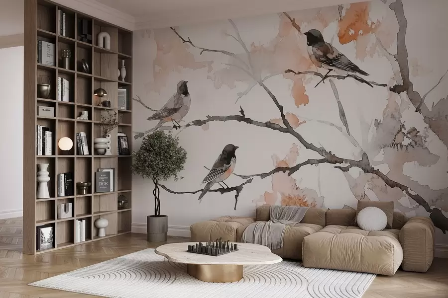wall murals Birds on tree branches in watercolor style w09064v2