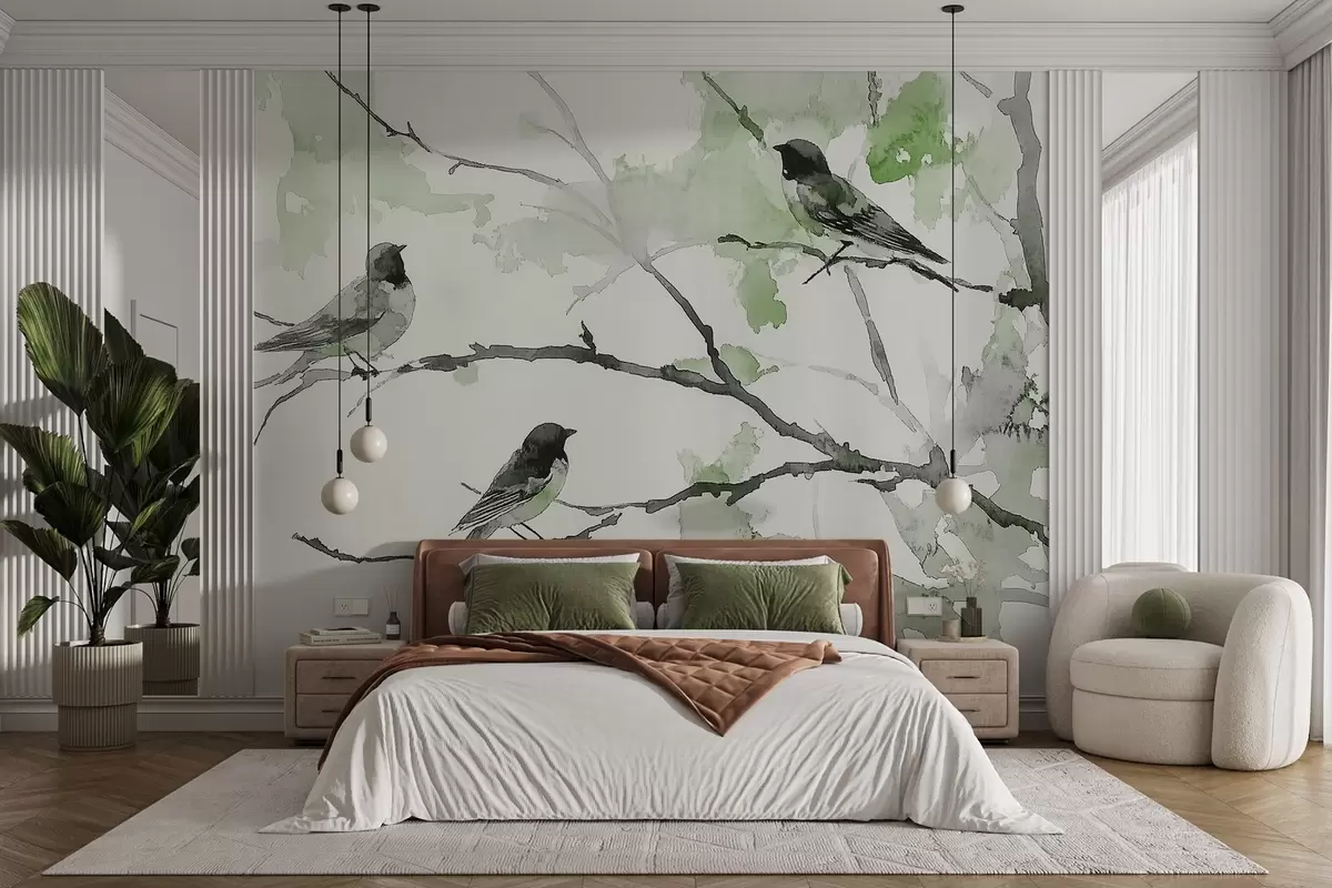 wall murals Birds on tree branches in watercolor style w09064v3