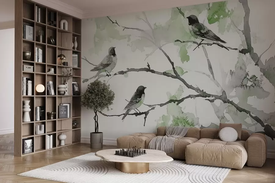 wall murals Birds on tree branches in watercolor style w09064v3