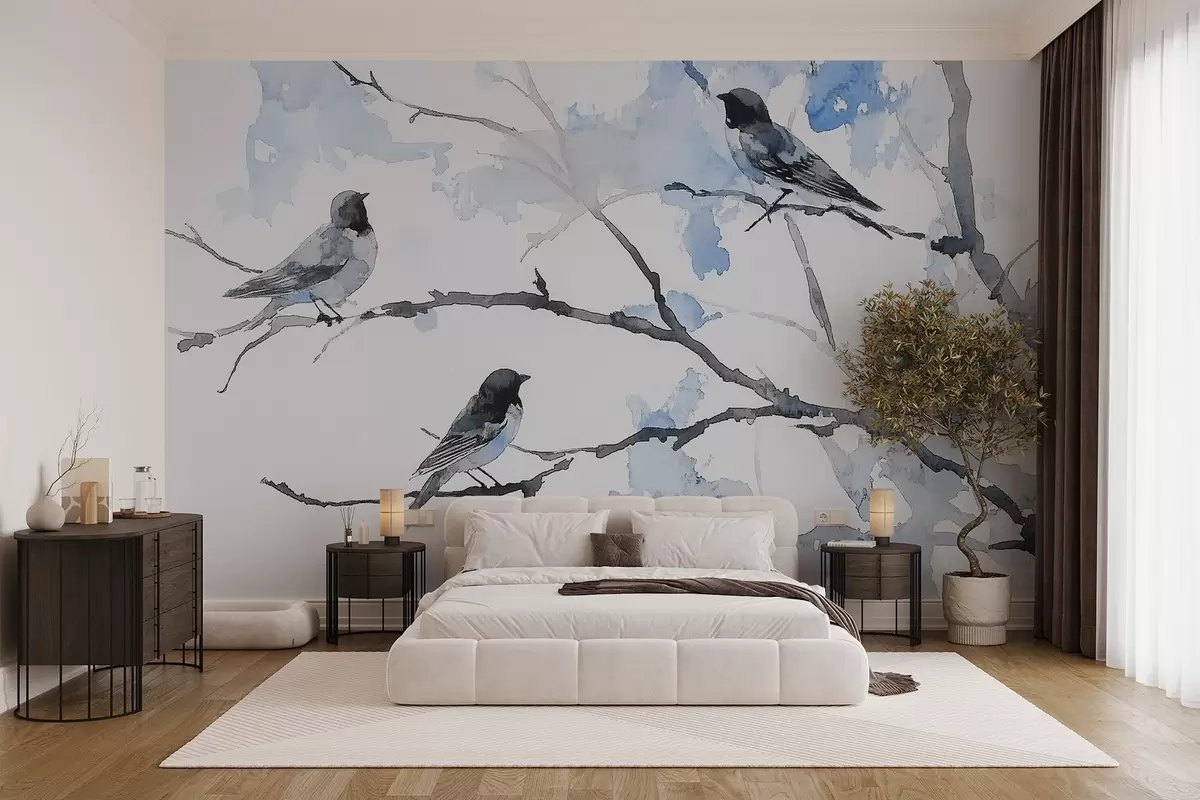 wall murals Birds on tree branches in watercolor style w09064v4