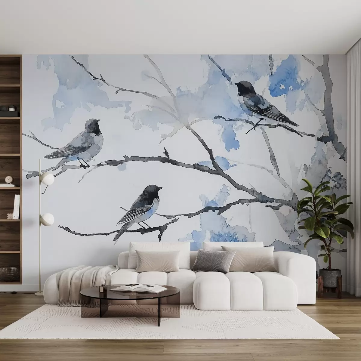 wall murals Birds on tree branches in watercolor style w09064v4