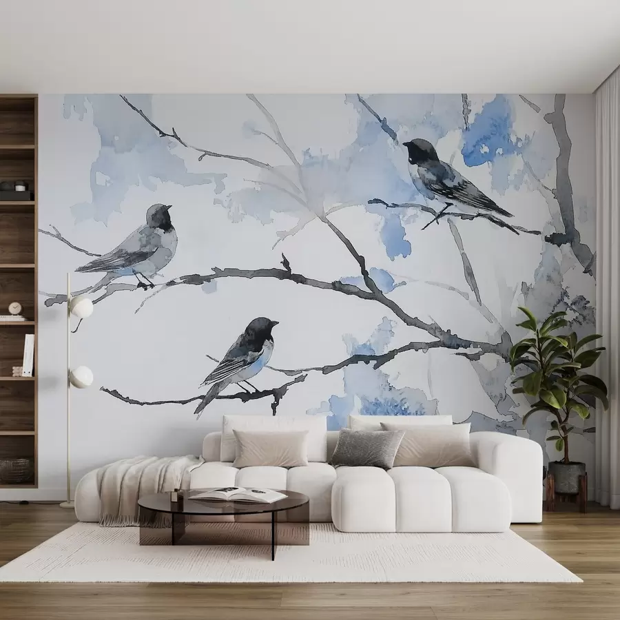 wall murals Birds on tree branches in watercolor style w09064v4
