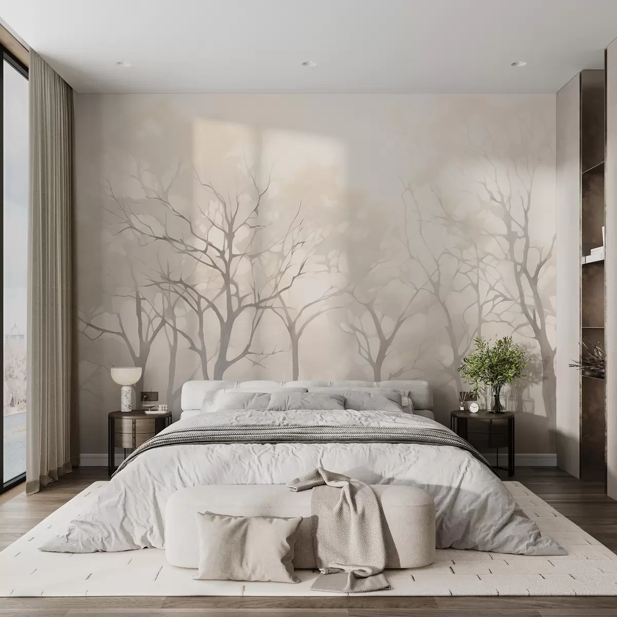 wall murals Monochrome vintage trees in fog w09065