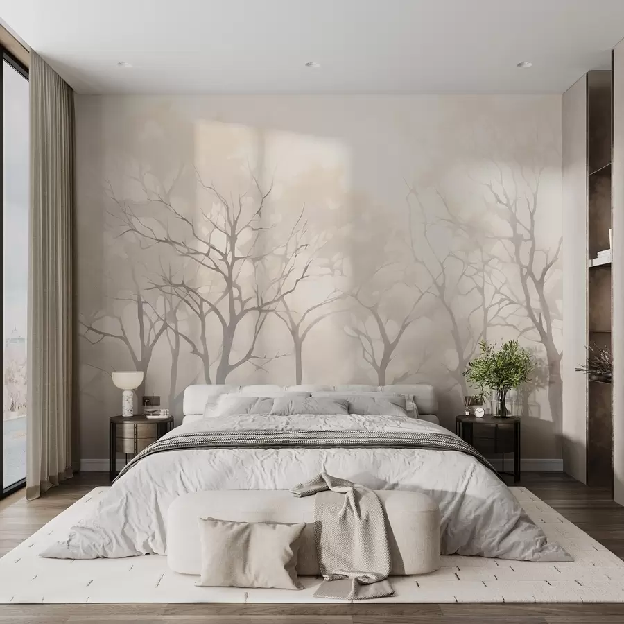 wall murals Monochrome vintage trees in fog w09065