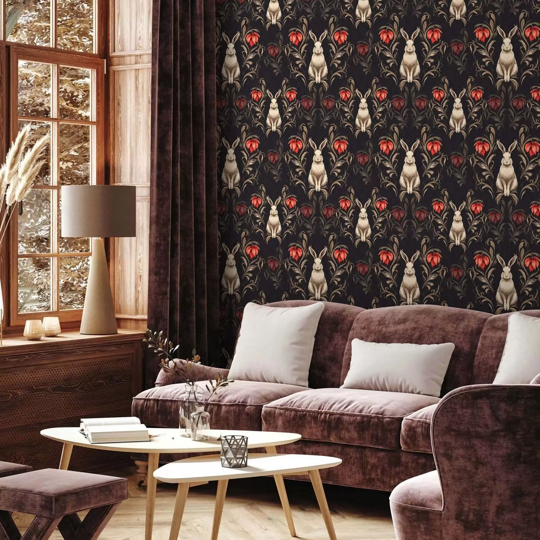 wall murals Hare and red flowers on a dark background a00102