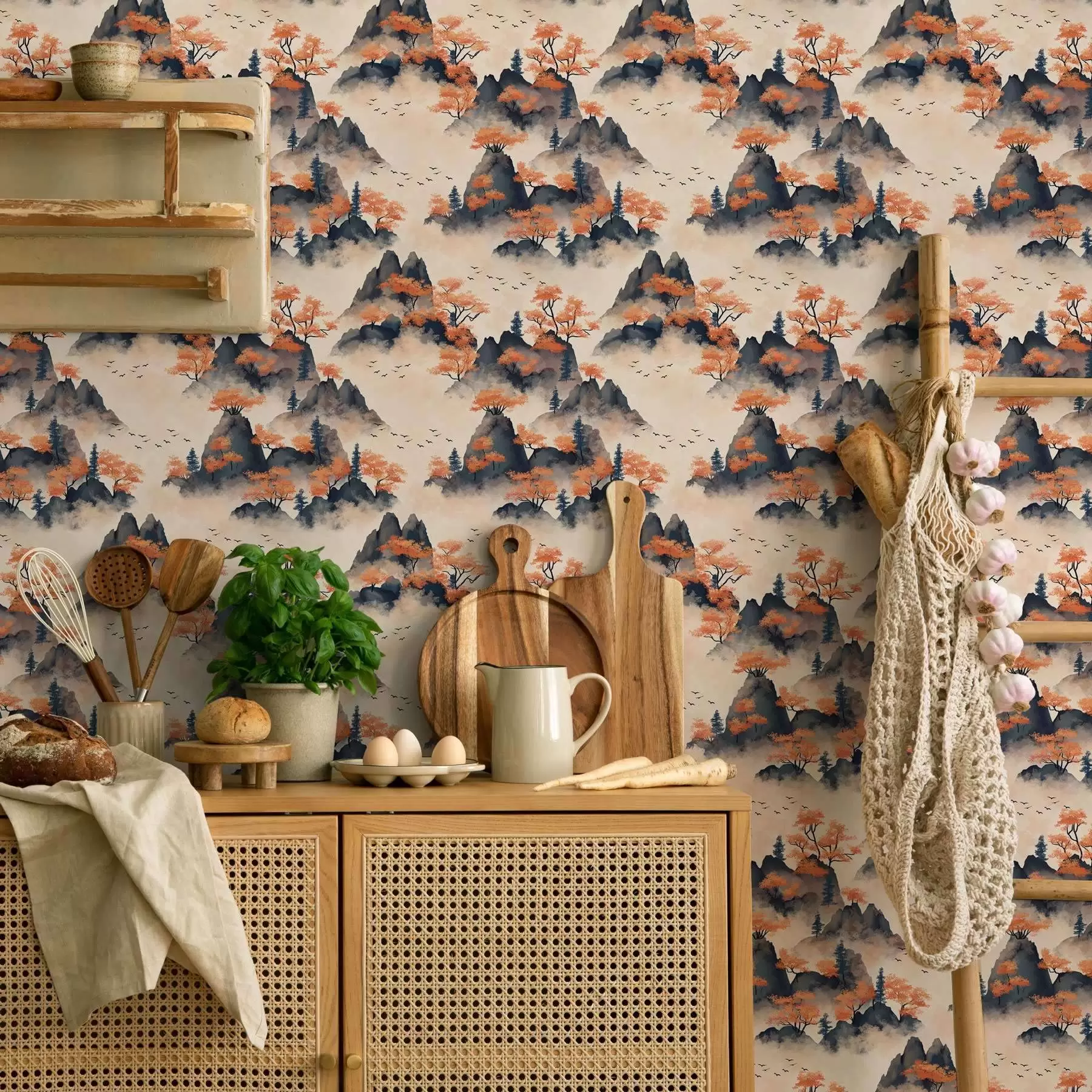 wall murals Autumn mountains in the fog with orange trees and birds a00104