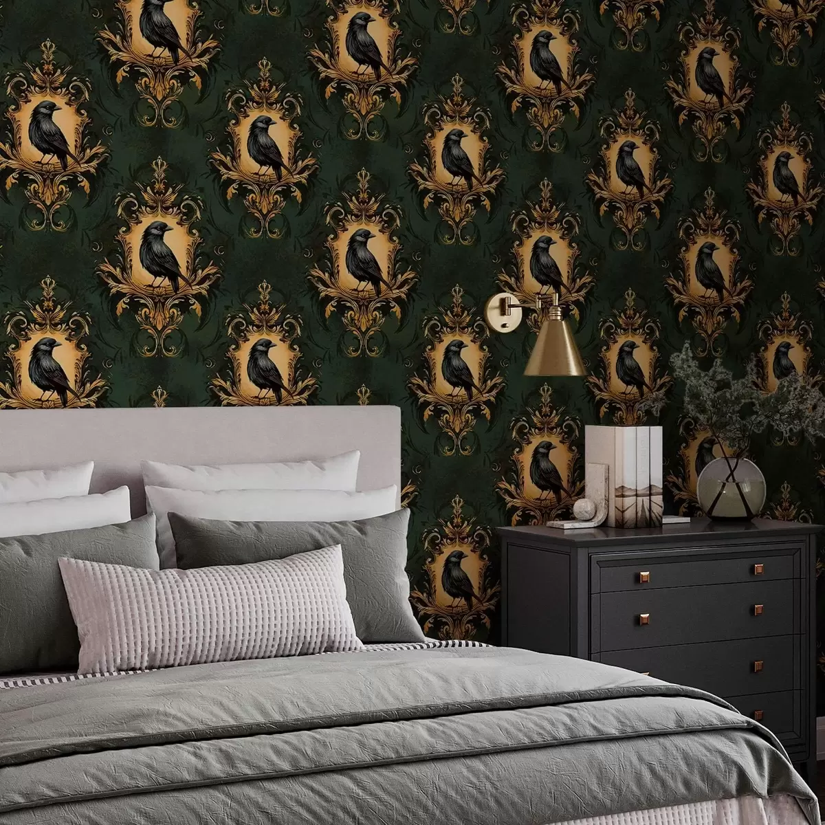 Wallpaper Crow in a frame on a green background a00105