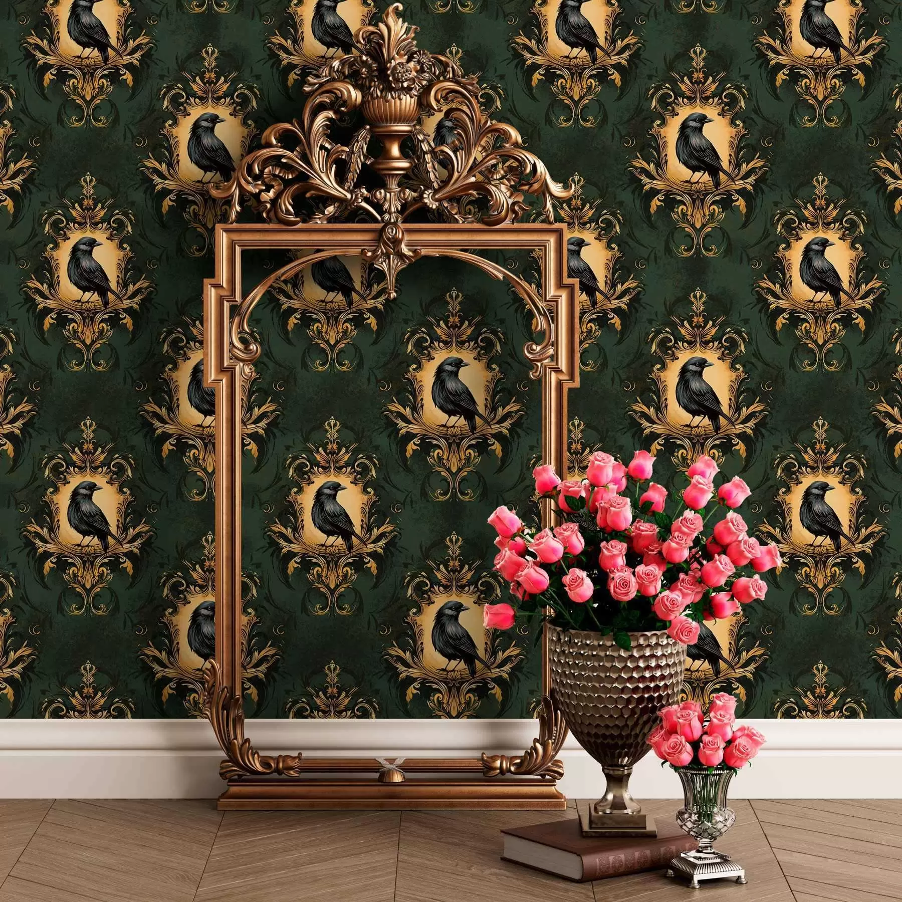 wall murals Crow in a frame on a green background a00105