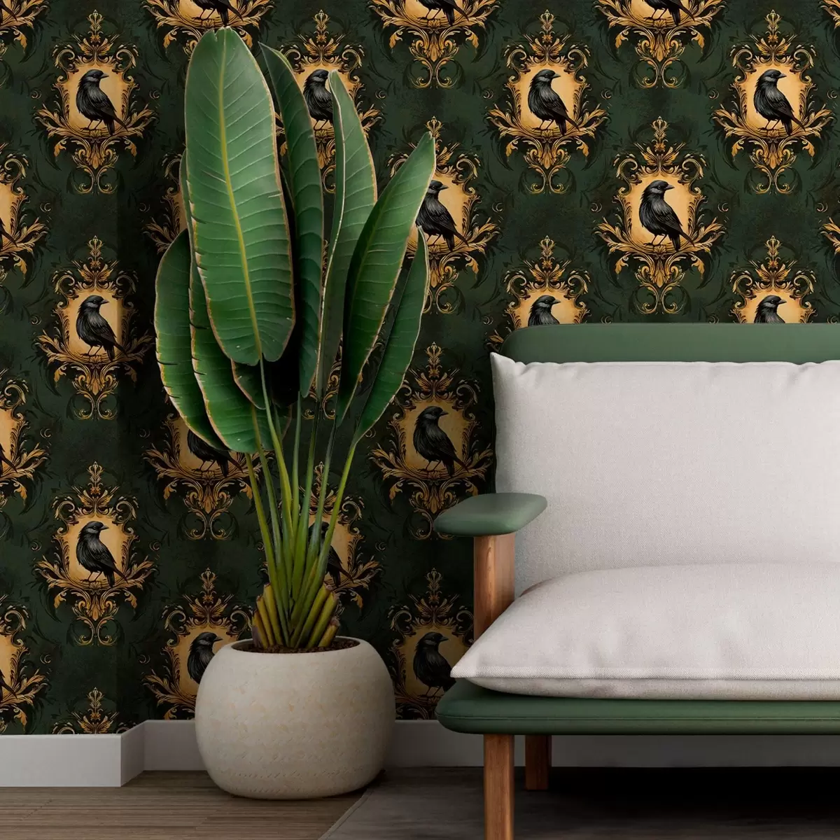 Wallpaper Crow in a frame on a green background a00105