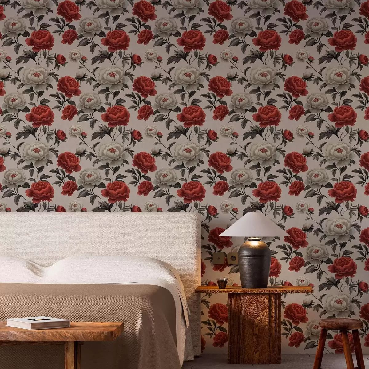 Wallpaper Peonies in retro style on a beige background a00107