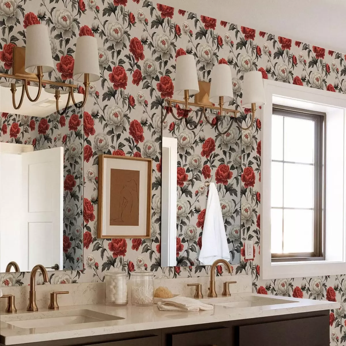 Wallpaper Peonies in retro style on a beige background a00107