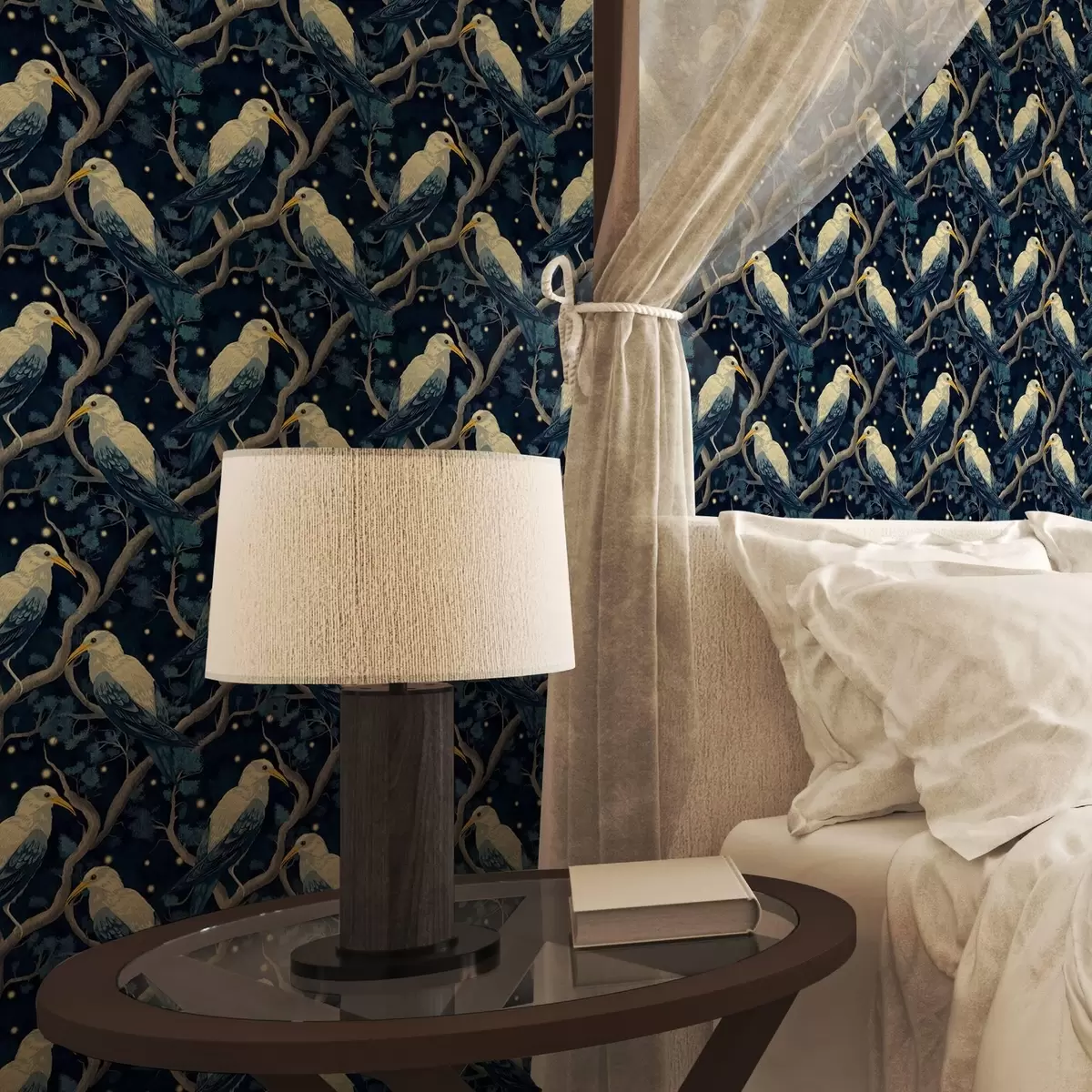 Wallpaper White birds on branches among shining fireflies in the night forest a00109