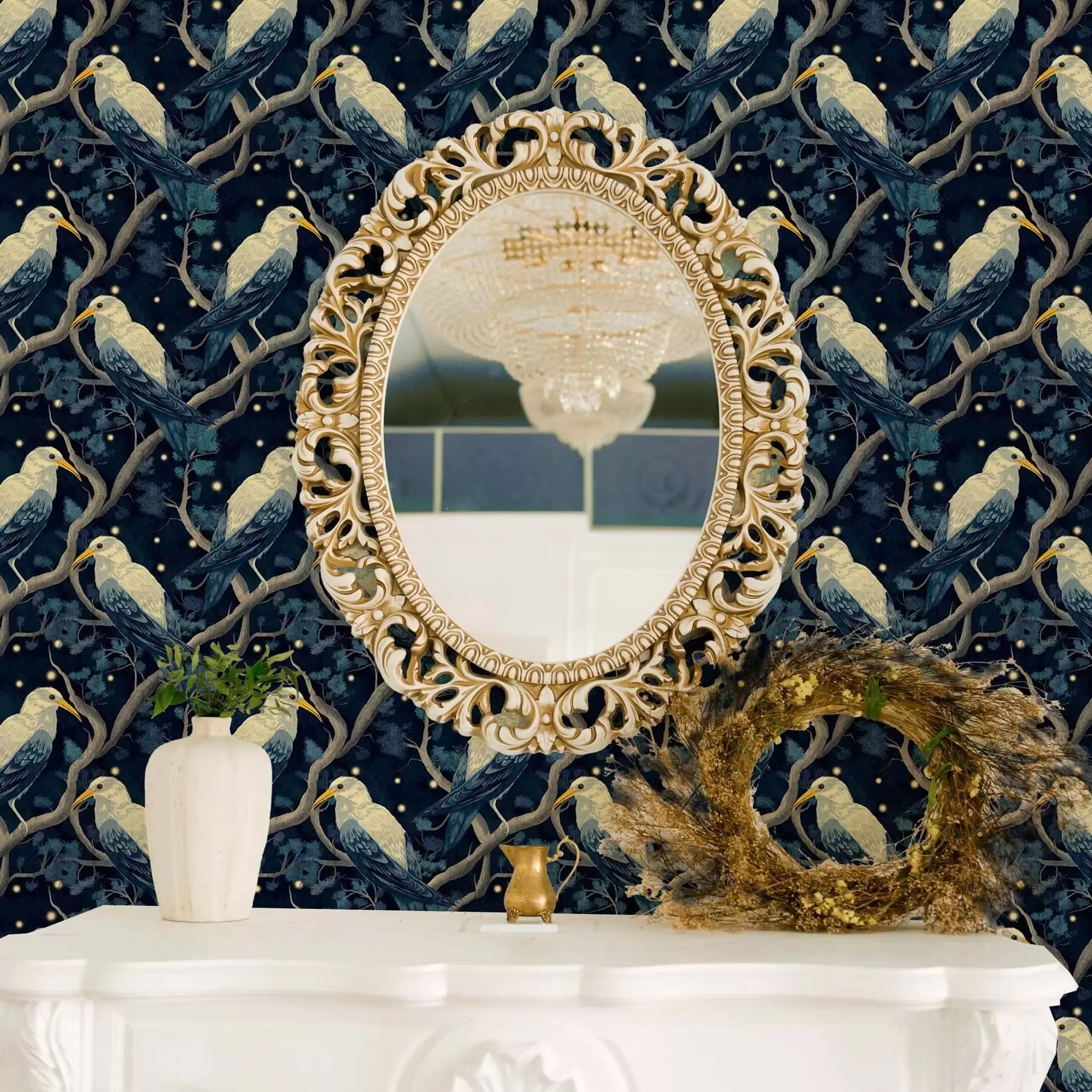 wall murals White birds on branches among shining fireflies in the night forest a00109