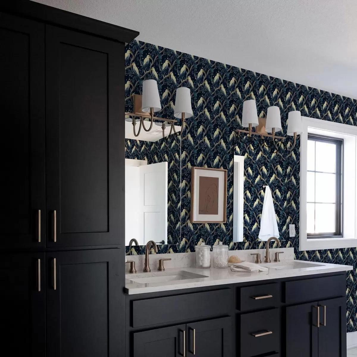 Wallpaper White birds on branches among shining fireflies in the night forest a00109