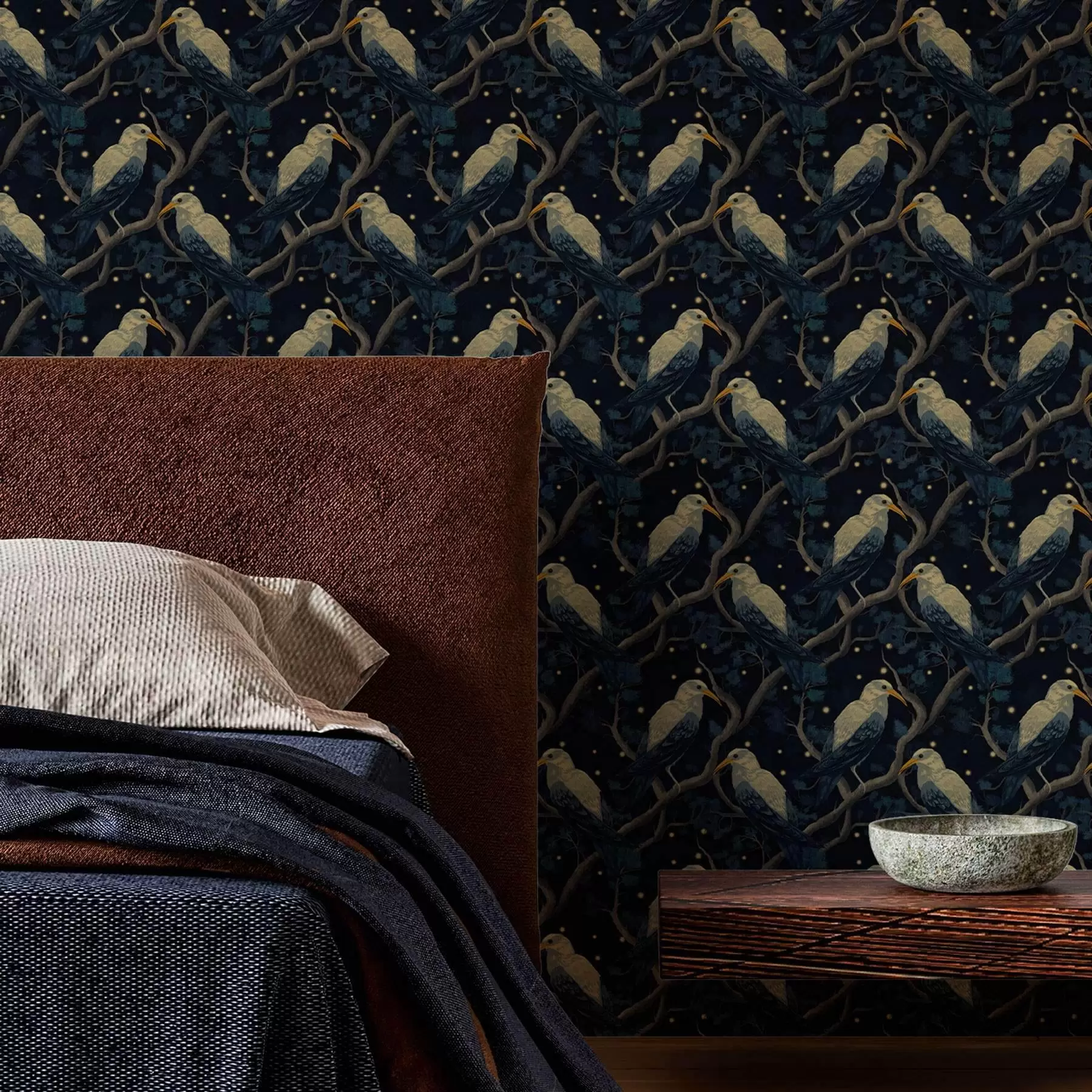 wall murals Night birds on branches and stars on a dark blue background a00109v1