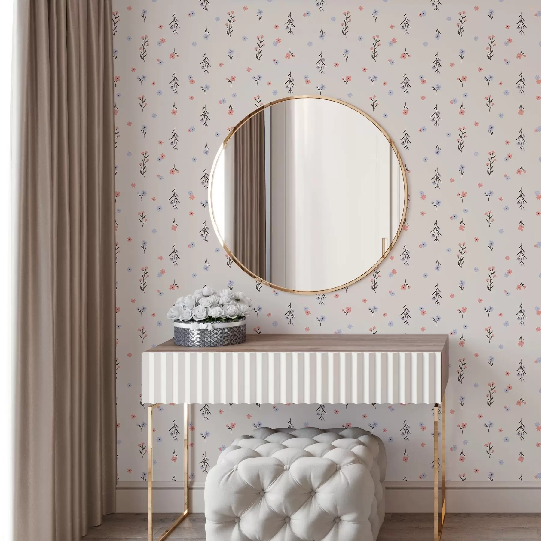 wall murals Small flowers in pale pink and blue tones on a cream background a00110