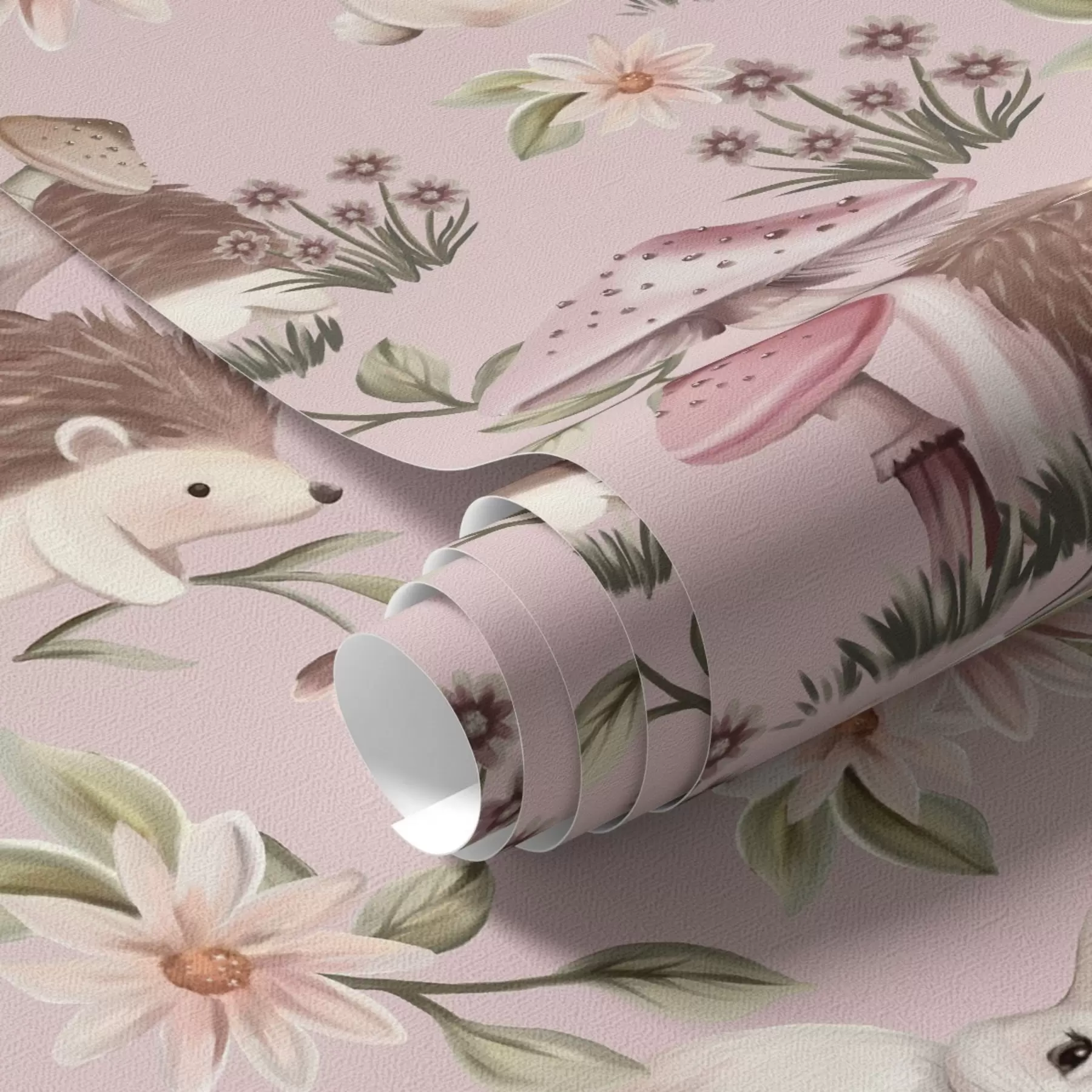 wall murals Fairy-tale style hedgehogs, rabbits and flowers among mushrooms on pink background a00111