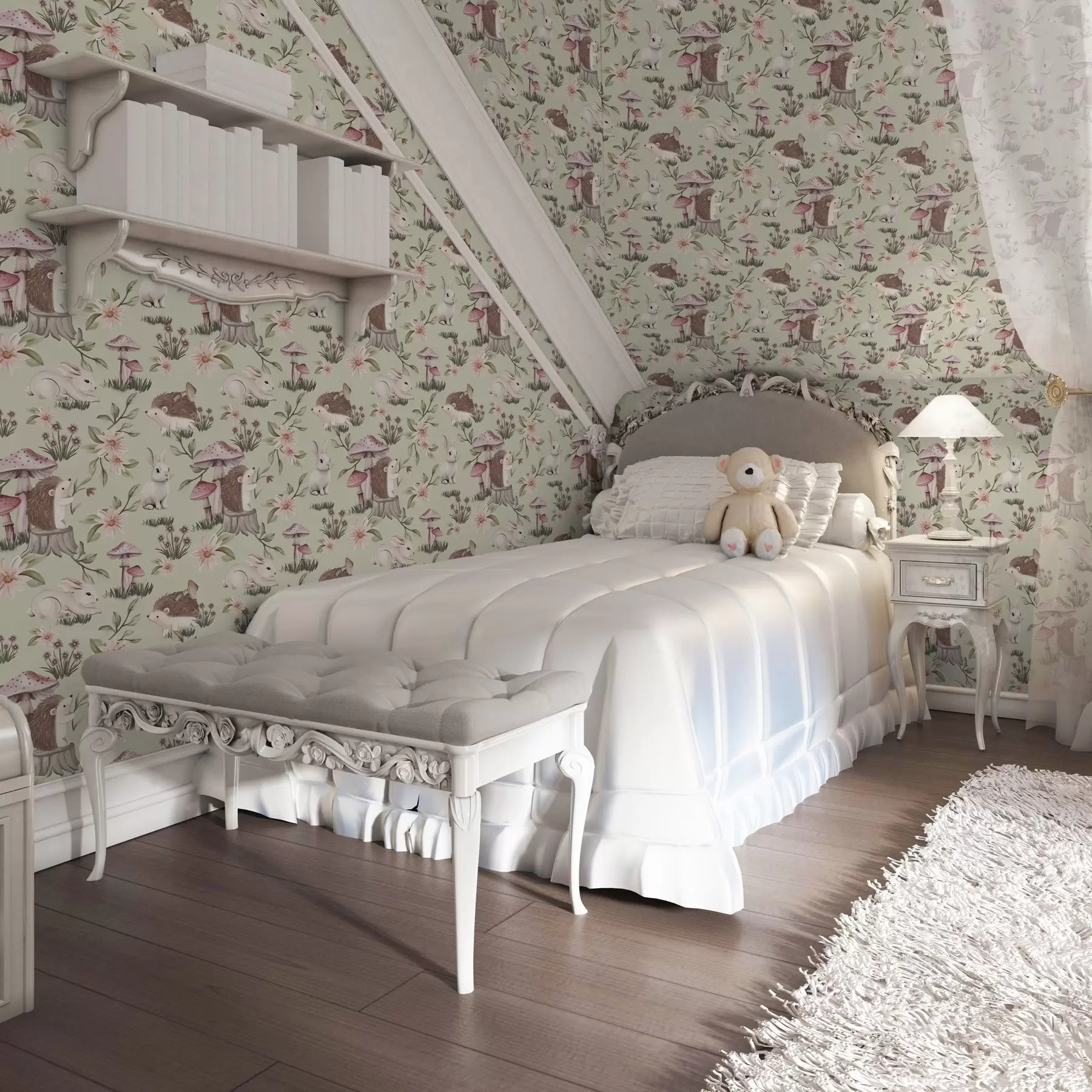 wall murals Fairy-tale animals and flowers on a green background in delicate pastel colours a00111v1