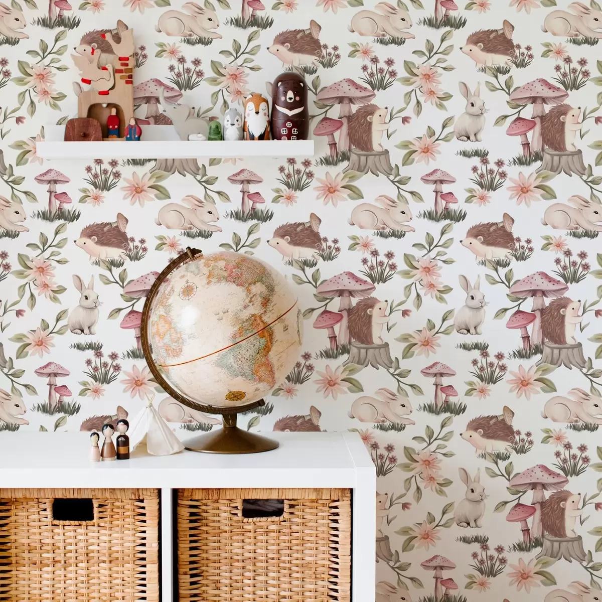 Wallpaper Hedgehogs and rabbits on white background with delicate flowers and mushrooms a00111v2