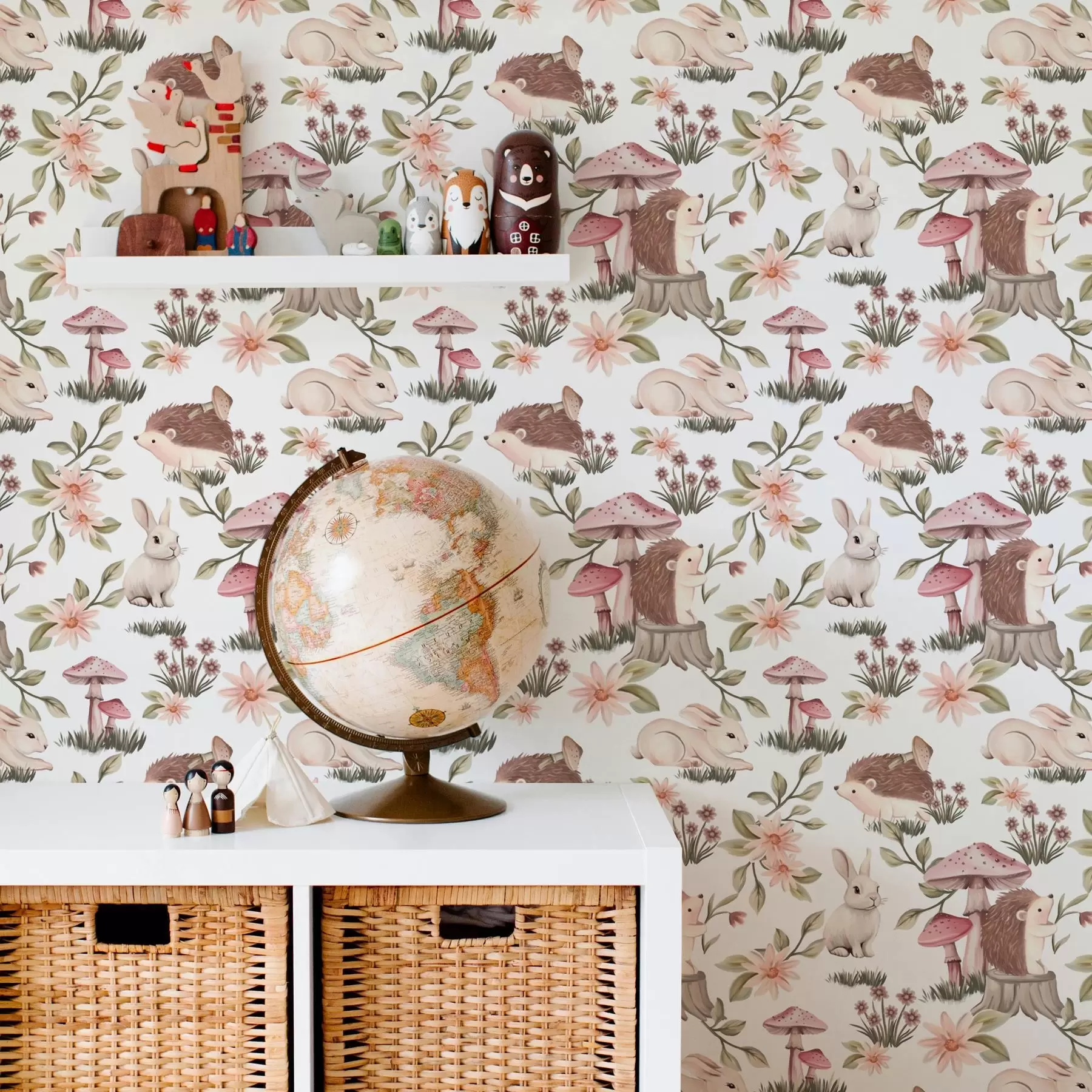 wall murals Hedgehogs and rabbits on white background with delicate flowers and mushrooms a00111v2