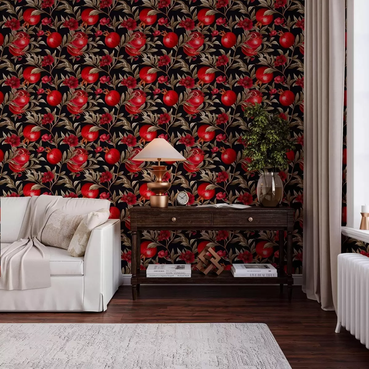 Wallpaper Pomegranates and flowers on a dark background in Mediterranean style a00115