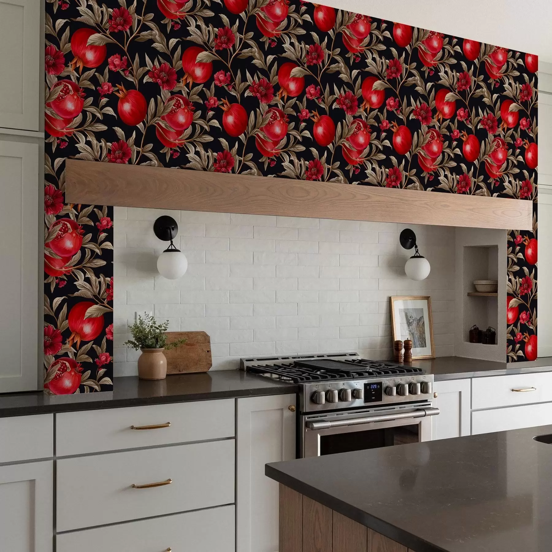 wall murals Pomegranates and flowers on a dark background in Mediterranean style a00115