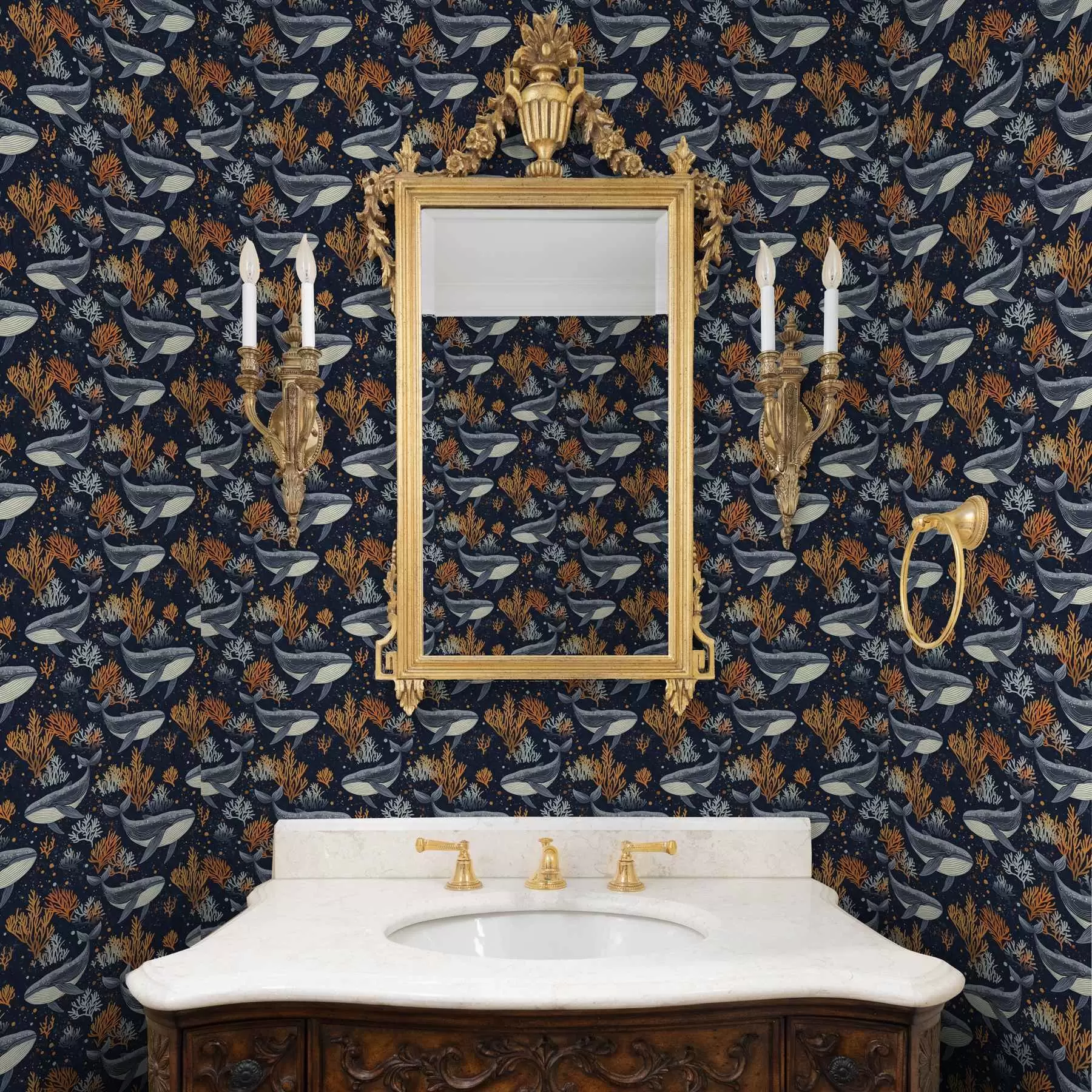 wall murals Sea whales and corals on a dark background a00116