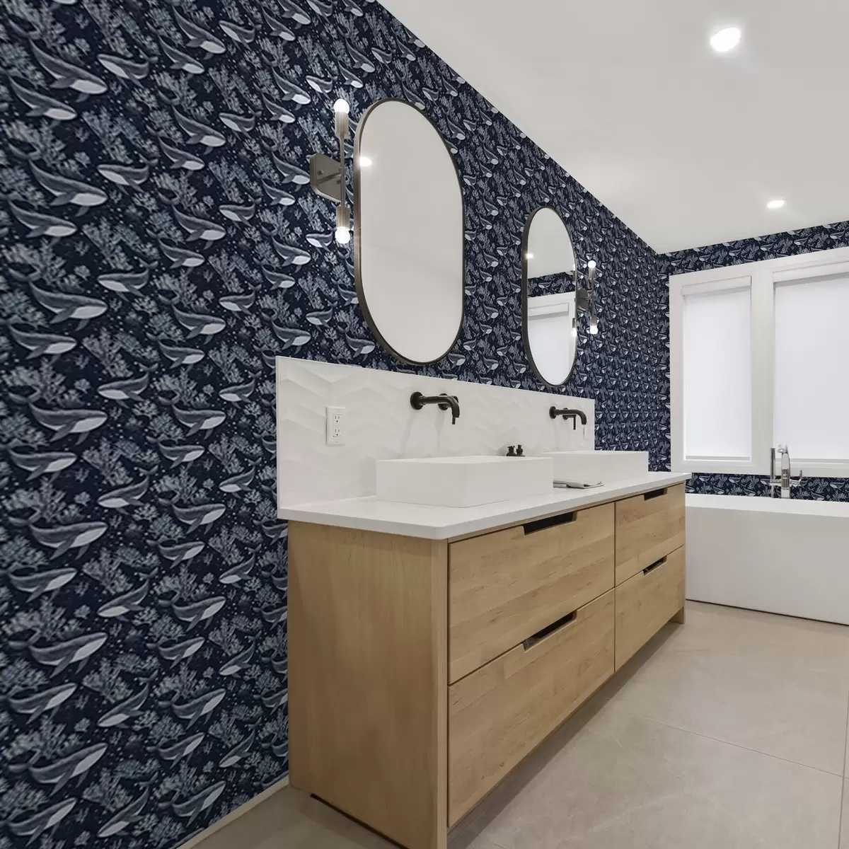 Wallpaper Whales and corals on a dark blue background a00116v1